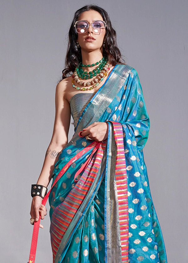 Steel Blue Silk Saree With Temple Border