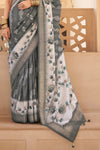 Steel Grey And Off White Banarasi Silk Saree With Floral Pallu