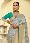 Steel Grey Banarasi Silk Saree With Contrast Blouse