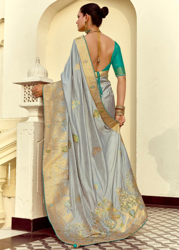 Steel Grey Banarasi Silk Saree With Contrast Blouse
