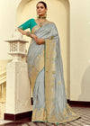 Steel Grey Banarasi Silk Saree With Contrast Blouse