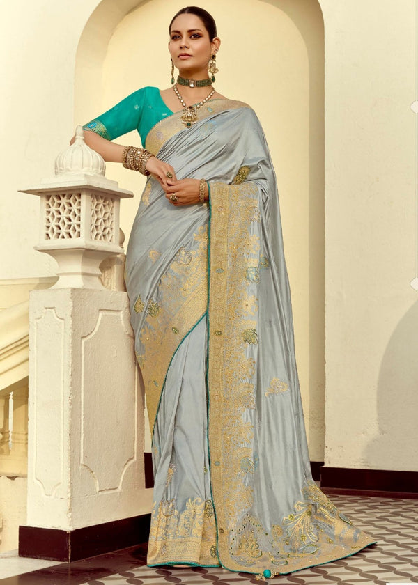 Steel Grey Banarasi Silk Saree With Contrast Blouse