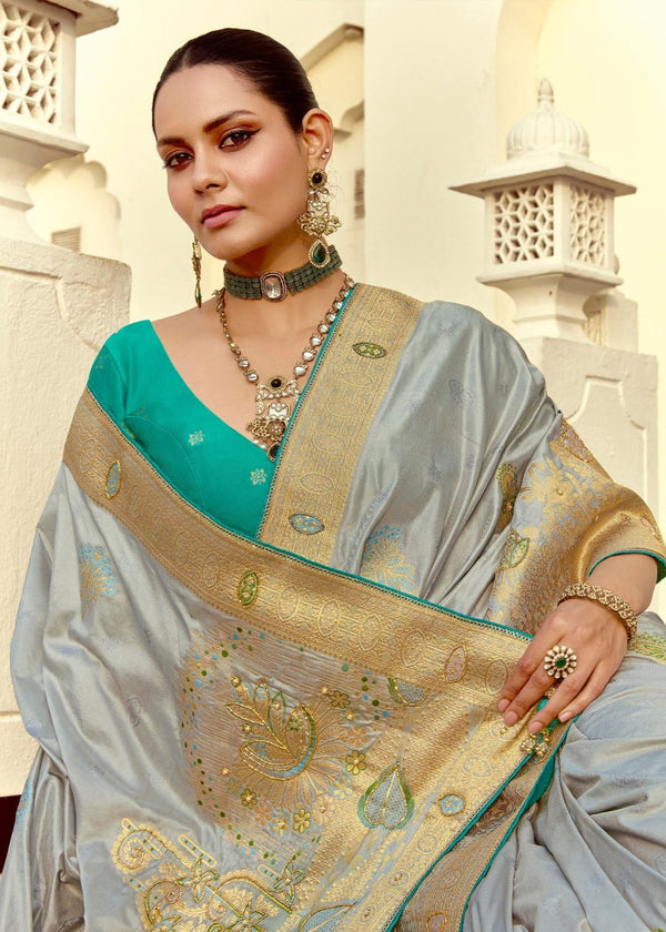 Steel Grey Banarasi Silk Saree With Contrast Blouse