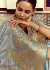 Steel Grey Banarasi Silk Saree With Contrast Blouse