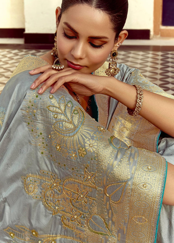 Steel Grey Banarasi Silk Saree With Contrast Blouse