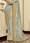 Steel Grey Banarasi Silk Saree With Contrast Blouse
