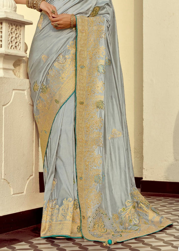 Steel Grey Banarasi Silk Saree With Contrast Blouse