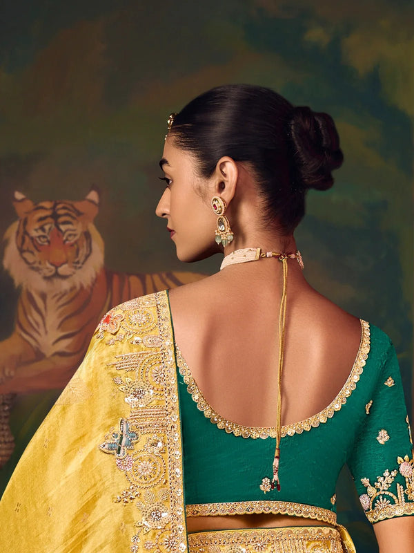 Sunshine Yellow Designer Organza Silk Saree with Contrast Blouse