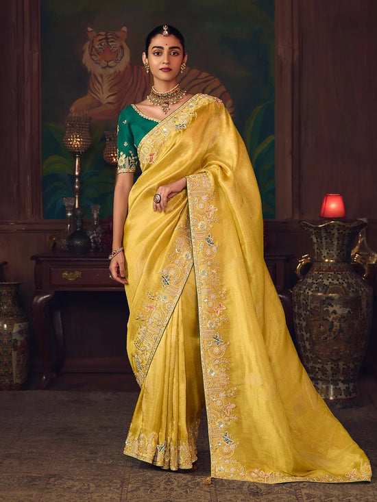 Sunshine Yellow Designer Organza Silk Saree with Contrast Blouse