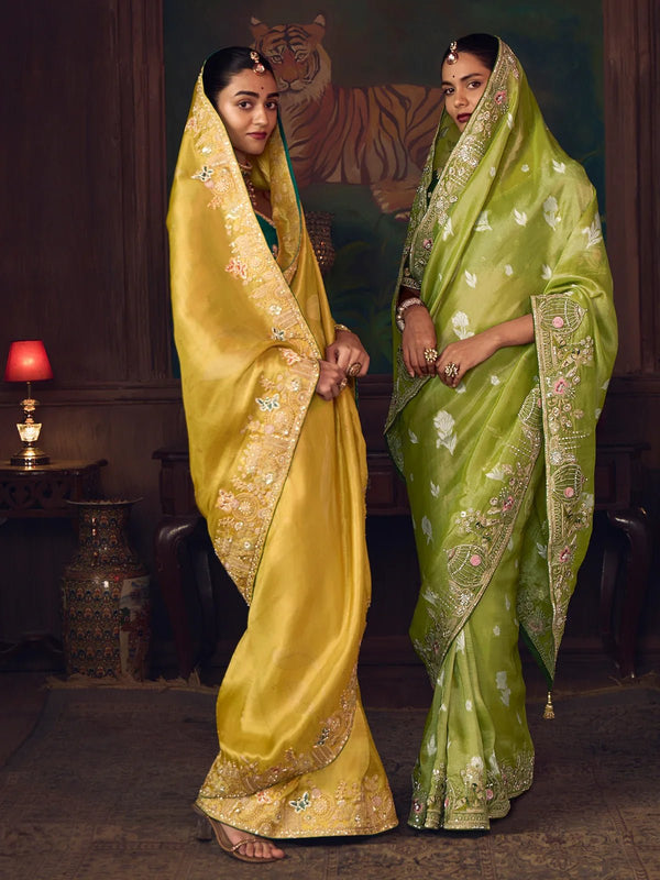 Sunshine Yellow Designer Organza Silk Saree with Contrast Blouse