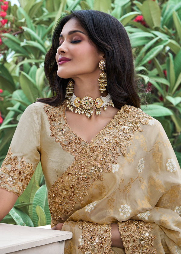 Tan Beige Embroidered Designer Tissue Silk Saree