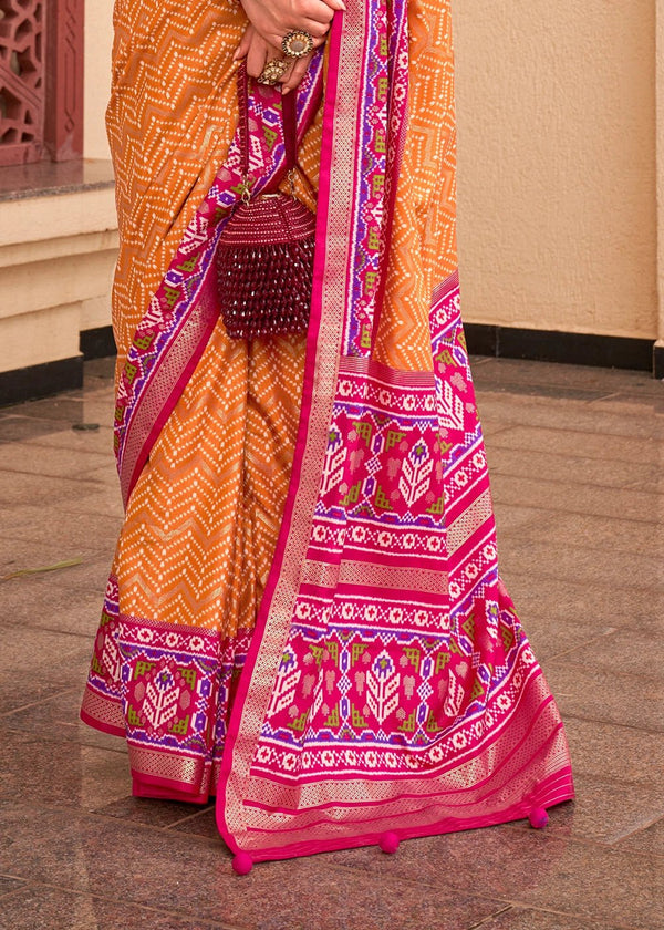 Tangerine Yellow And Rani Pink Woven Printed Patola Silk Saree