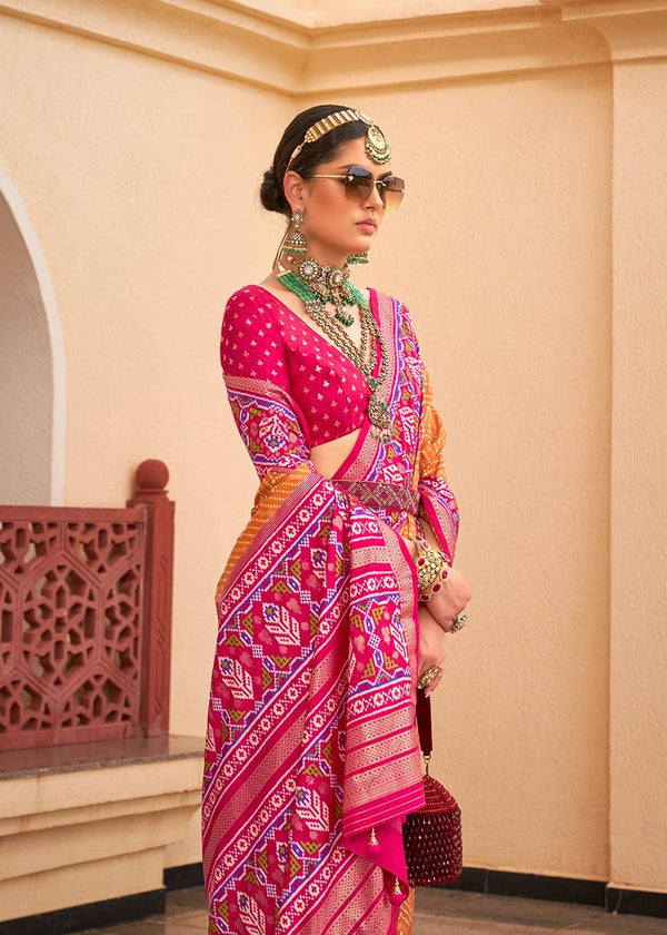 Tangerine Yellow And Rani Pink Woven Printed Patola Silk Saree