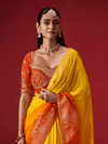 Tangerine Yellow Banarasi Dola Silk Saree With Contrast Blouse