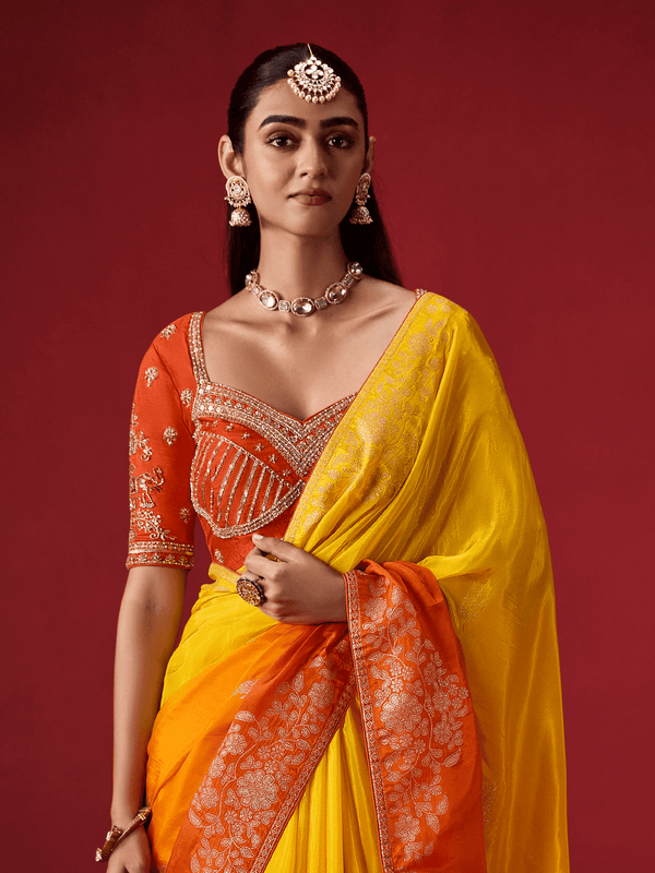 Tangerine Yellow Banarasi Dola Silk Saree With Contrast Blouse