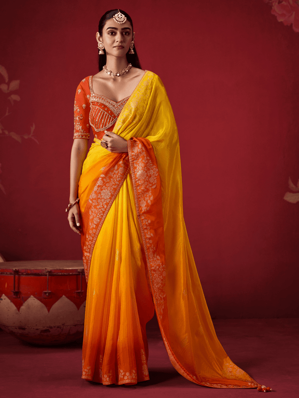 Tangerine Yellow Banarasi Dola Silk Saree With Contrast Blouse