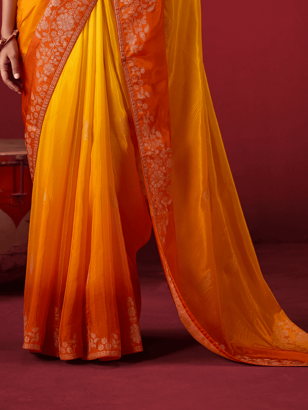 Tangerine Yellow Banarasi Dola Silk Saree With Contrast Blouse