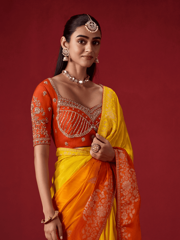 Tangerine Yellow Banarasi Dola Silk Saree With Contrast Blouse
