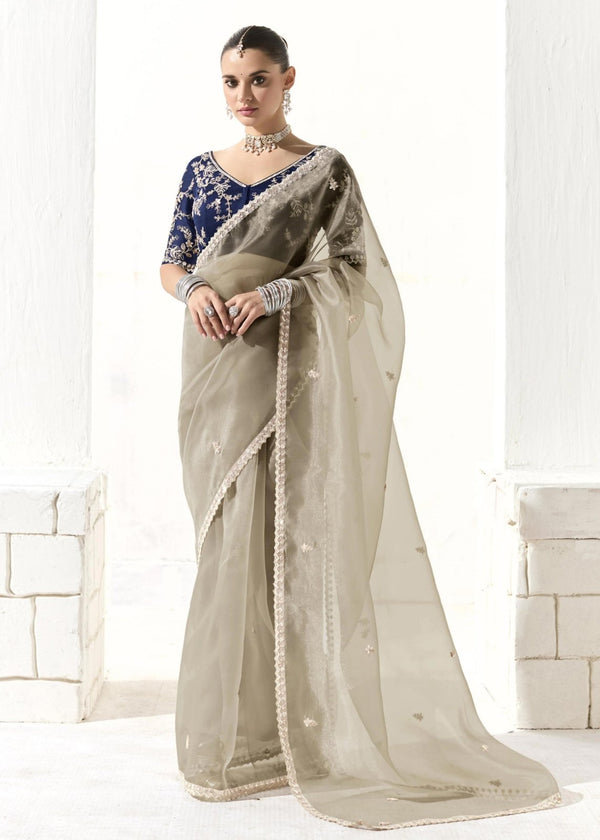 Taupe Grey Organza Tissue Silk Saree