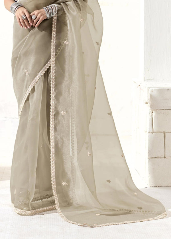 Taupe Grey Organza Tissue Silk Saree