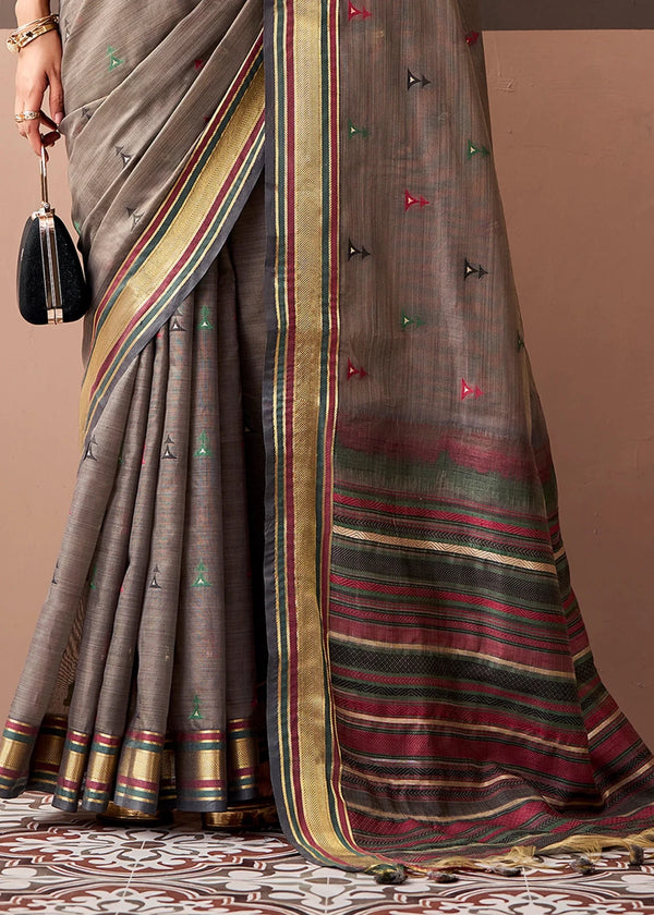 Taupe Grey Woven Designer Cotton Saree