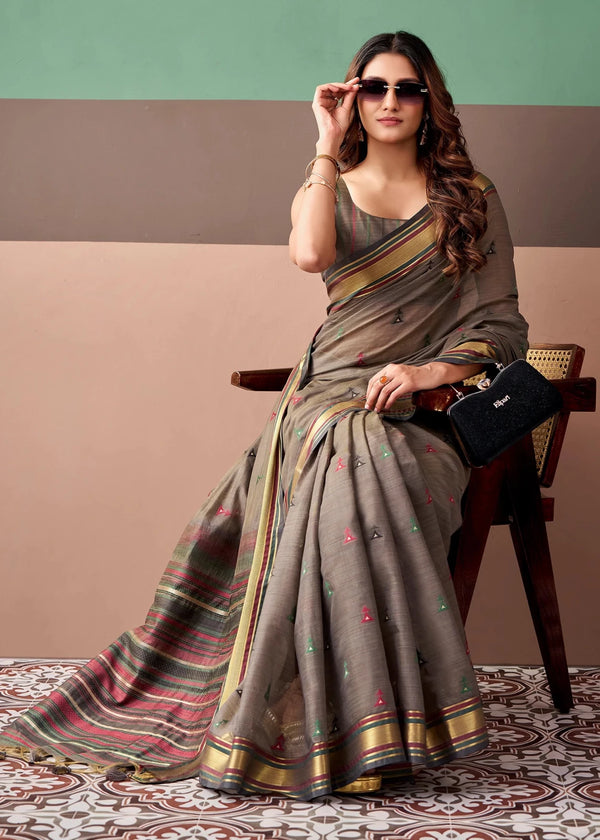 Taupe Grey Woven Designer Cotton Saree