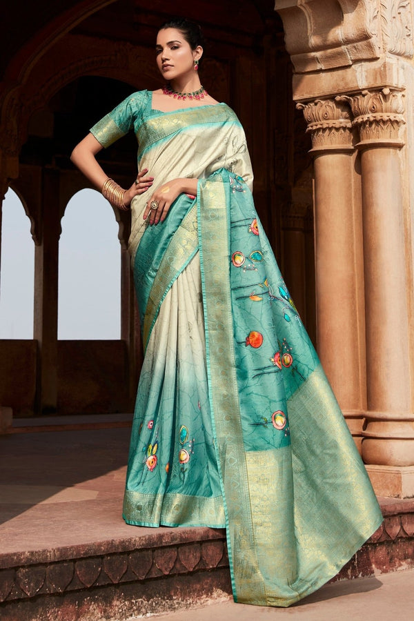 Teal And Cream Banarasi Digital Printed Saree