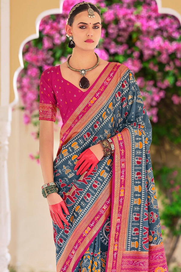 Teal Blue and Fuchsia Pink Patola Printed Silk Saree