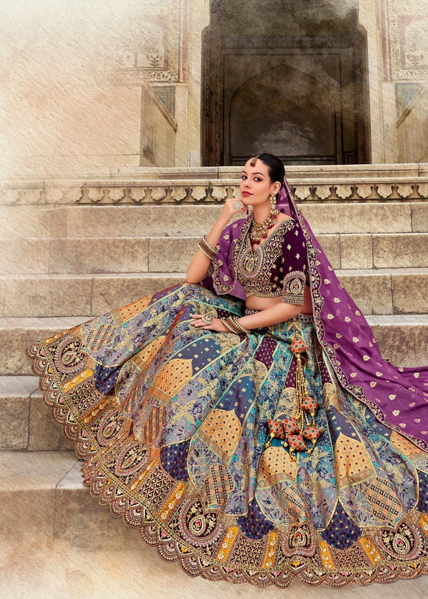 Teal Blue and Purple Banarasi Lehenga Choli