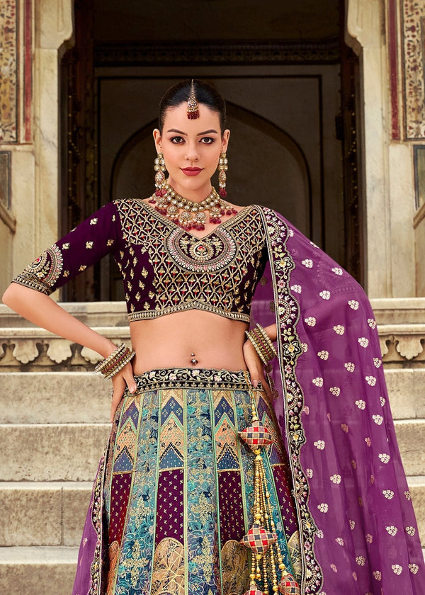 Teal Blue and Purple Banarasi Lehenga Choli