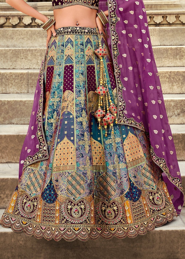 Teal Blue and Purple Banarasi Lehenga Choli