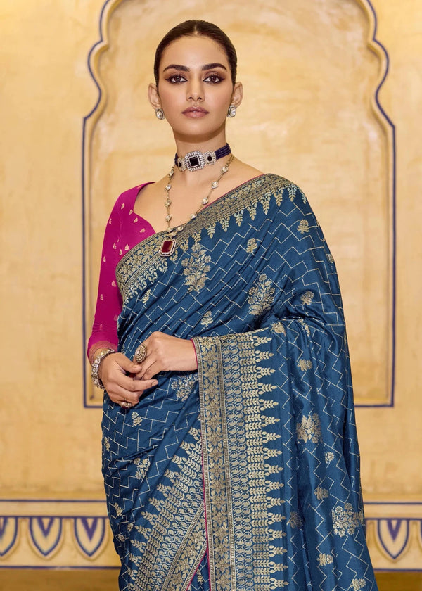 Teal Blue Banarasi Crepe Silk Saree with Magenta Contrast Blouse