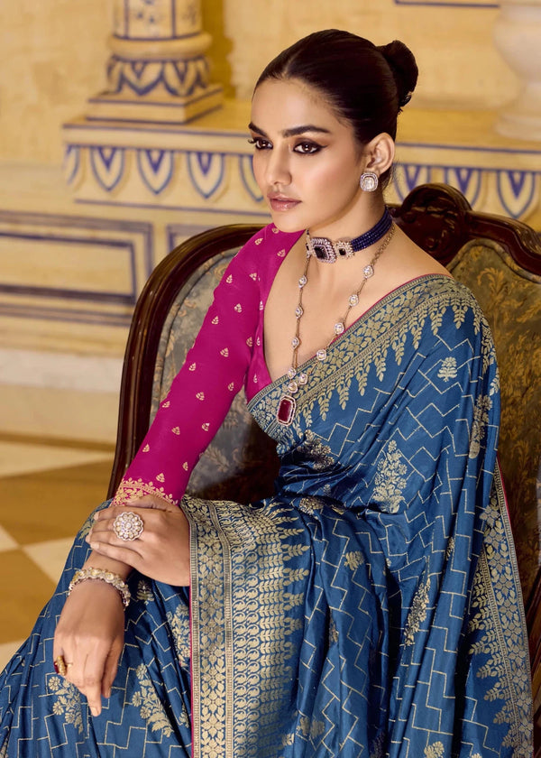 Teal Blue Banarasi Crepe Silk Saree with Magenta Contrast Blouse