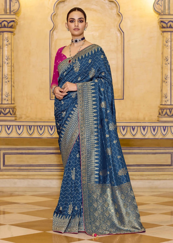 Teal Blue Banarasi Crepe Silk Saree with Magenta Contrast Blouse