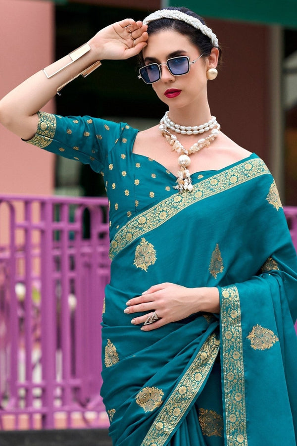 Teal Blue Banarasi Handloom Satin Saree