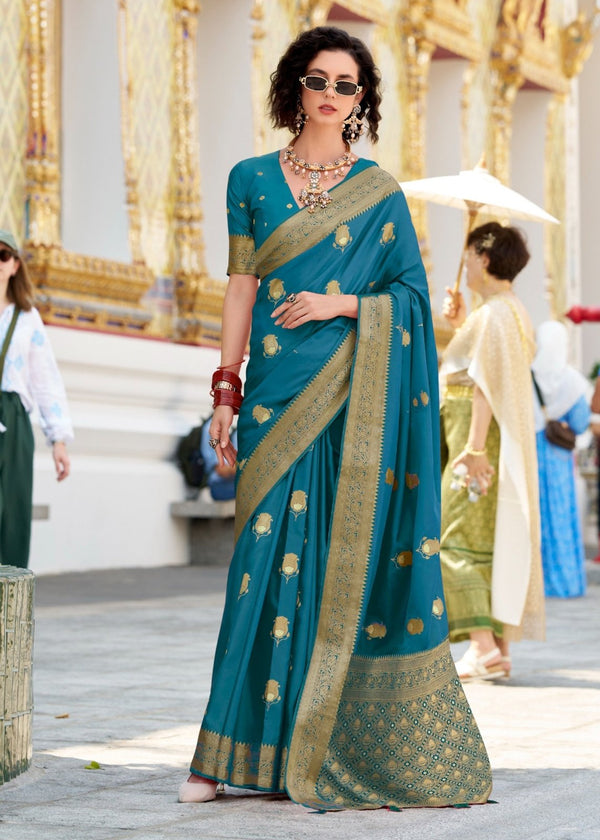 Teal Blue Banarasi Satin Silk Saree