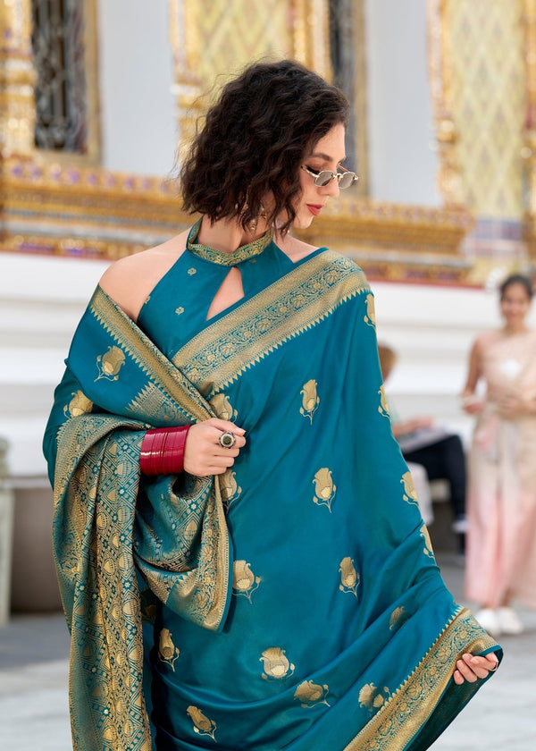 Teal Blue Banarasi Satin Silk Saree