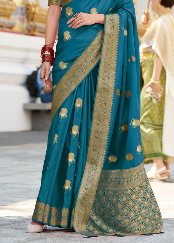 Teal Blue Banarasi Satin Silk Saree