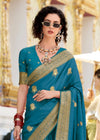 Teal Blue Banarasi Satin Silk Saree