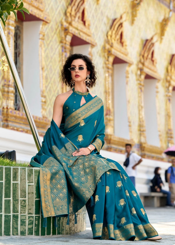 Teal Blue Banarasi Satin Silk Saree