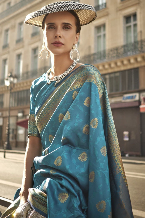 Teal Blue Banarasi Soft Silk Saree
