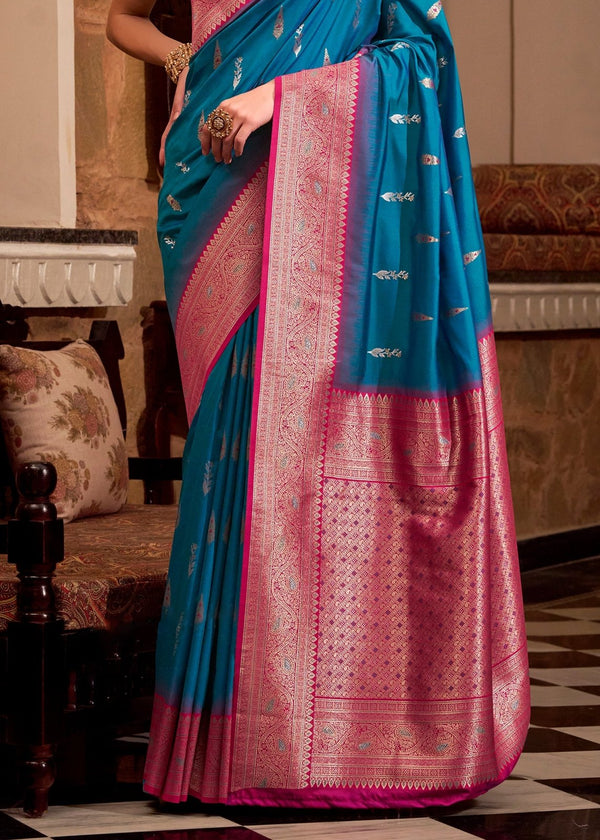 Teal Blue Banarasi Soft Silk Saree