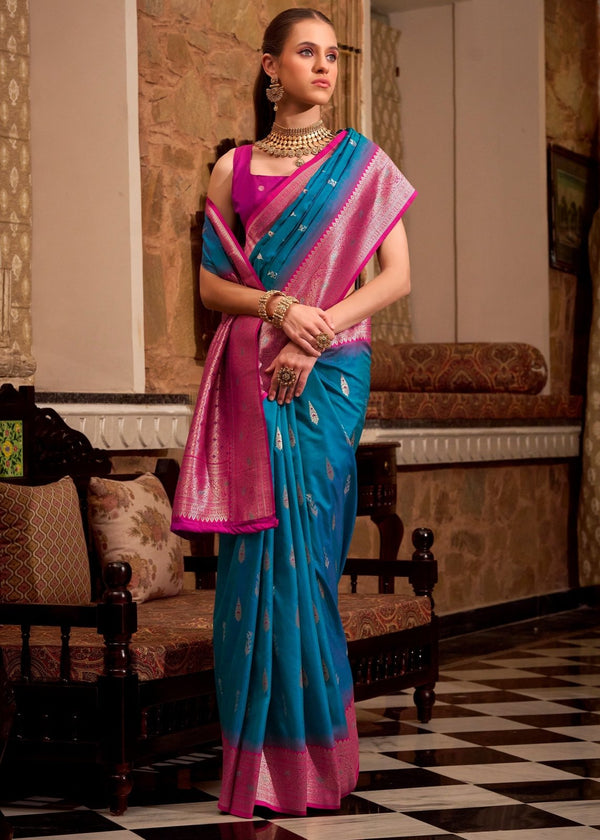 Teal Blue Banarasi Soft Silk Saree
