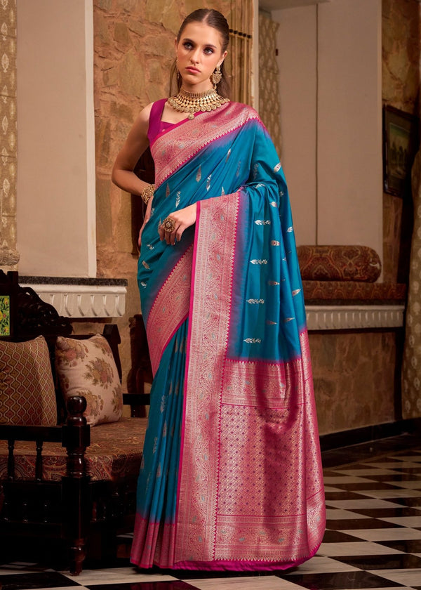 Teal Blue Banarasi Soft Silk Saree