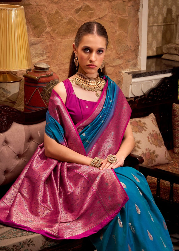 Teal Blue Banarasi Soft Silk Saree