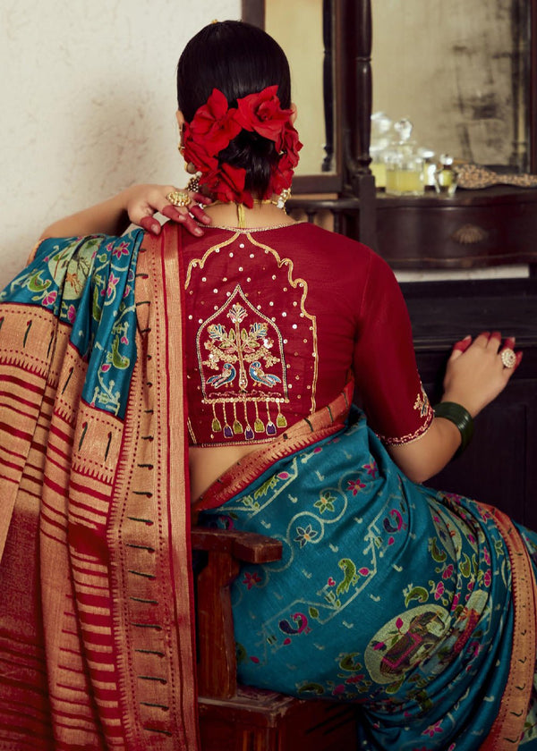 Teal Blue Brasso Designer Soft Silk Saree