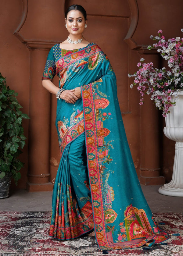 Teal Blue Designer Silk Saree