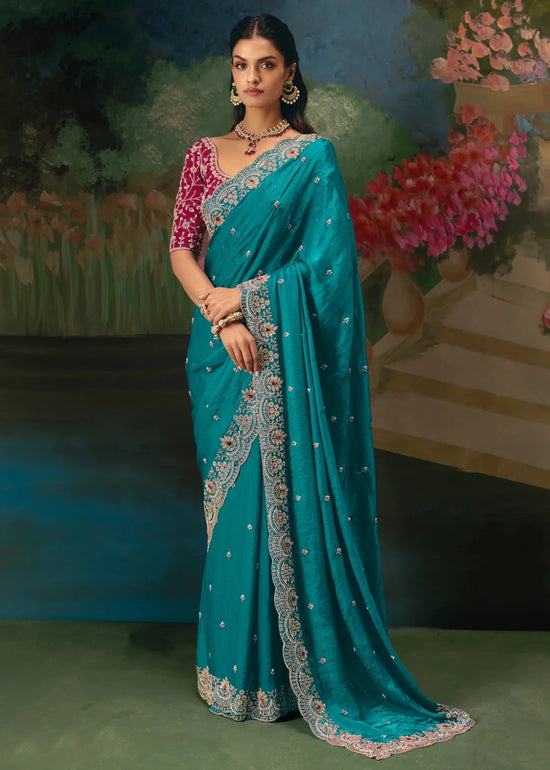 Teal Blue Designer Silk Saree with Heavy Embroidery Work