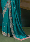 Teal Blue Designer Silk Saree with Heavy Embroidery Work