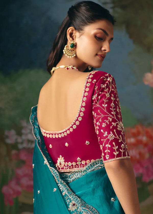 Teal Blue Designer Silk Saree with Heavy Embroidery Work